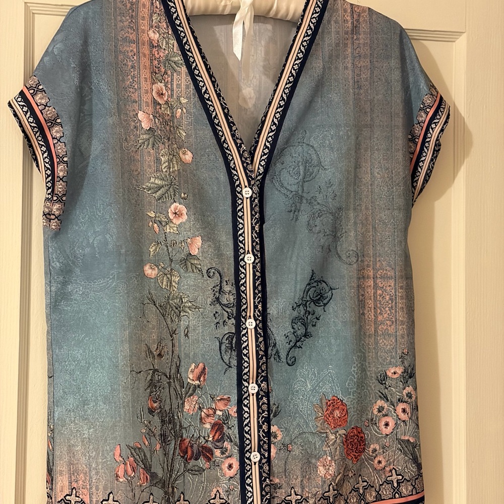 Floral Blue Button-Up Women's Top